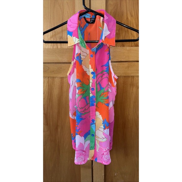 SHEIN Blouse Adult M Floral Colorful SemiSheer Shirt Women Buttons Sleeveless - Picture 10 of 12